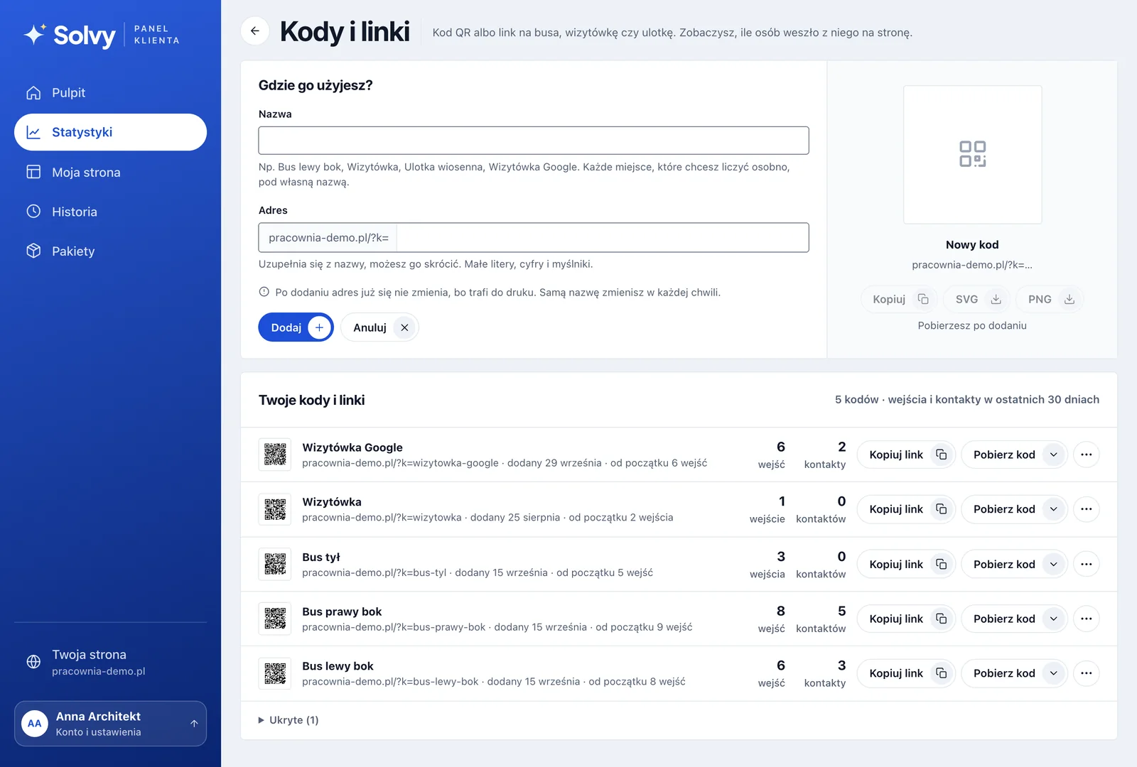 Panel klienta: kody qr i linki